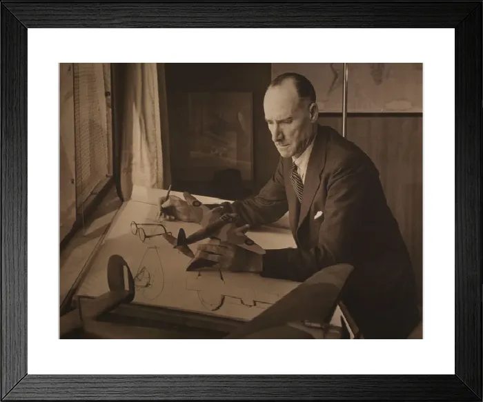 Framed Print : Geoffrey de Havilland with Mosquito Model Print Framed Print : Geoffrey de Havilland with Mosquito Model Print