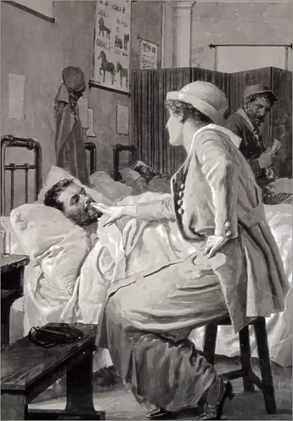 Wounded French soldier lying in bed in a hospital ward