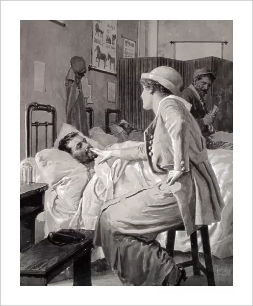 Wounded French soldier lying in bed in a hospital ward