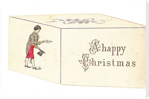 Man delivering a letter on a box-shaped Christmas card
