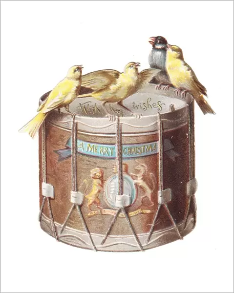 Birds on a drum-shaped Christmas card