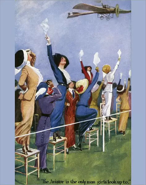 Girls waving at an early Aviator flying overhead