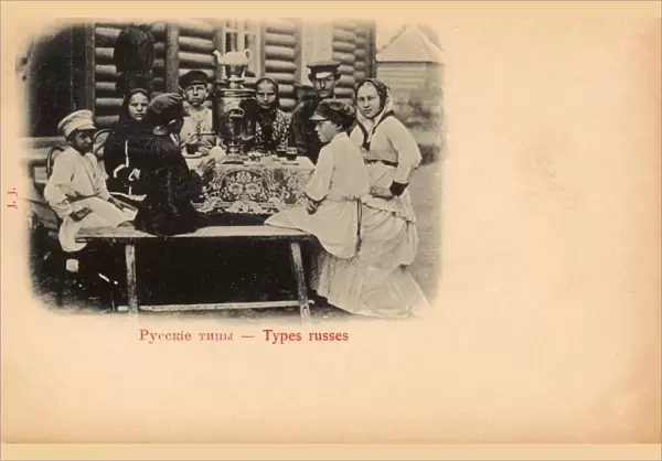 Russian Rural family gather around the Samovar