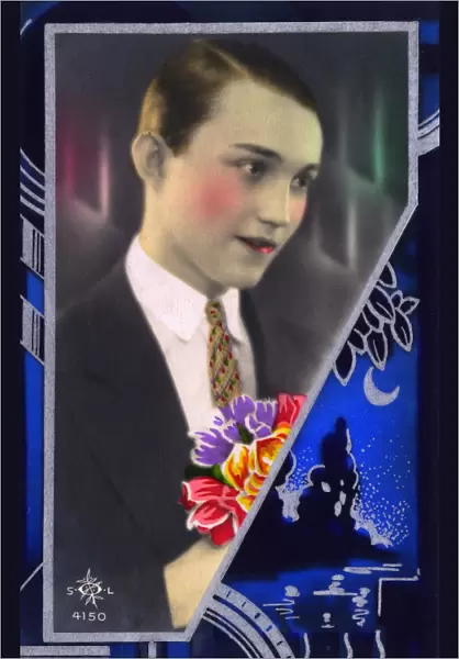Kitsch Italian postcard - Young man with floral bouquet