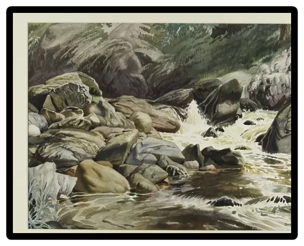 Watercolour sketch of stream with rocks