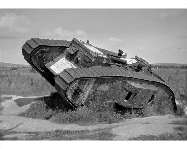 Tank abandoned in a field, end of WWI