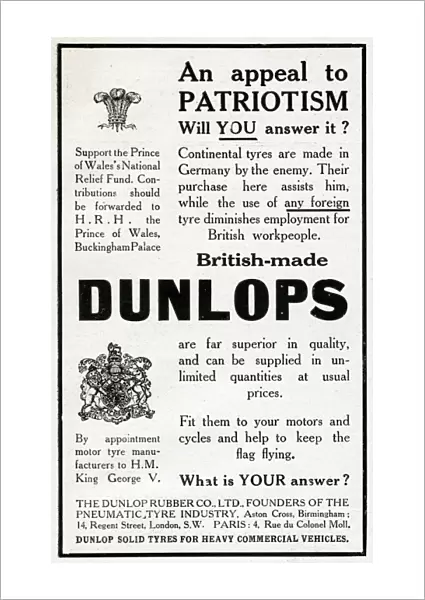 Advertisement for Dunlop tyres, WW1