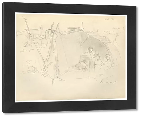 Pencil sketch of family in a tent