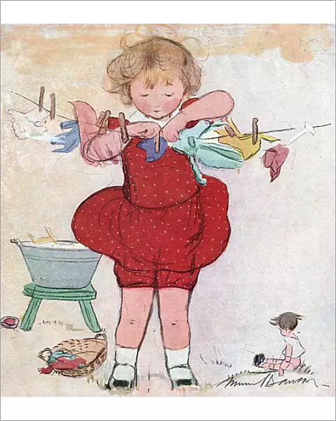 Little girl hanging out washing, by Muriel Dawson