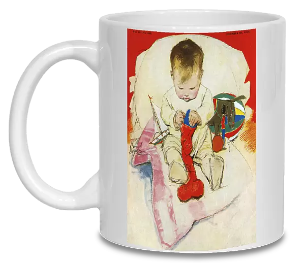 Toddler with Christmas stocking by Muriel Dawson
