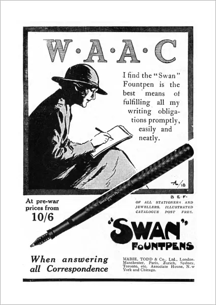 Swan Fountpen advert featuring WaC girl, WW1