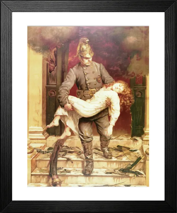 Framed Print : 19th Century Print: Heroic Fireman Rescuing a Girl from a Fire Framed Print : 19th Century Print: Heroic Fireman Rescuing a Girl from a Fire