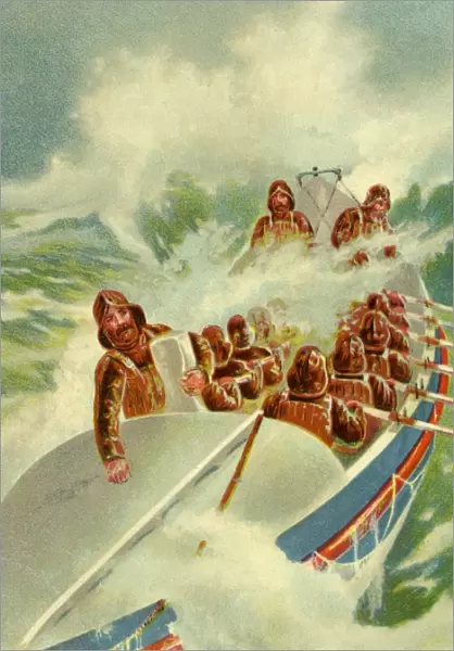 Lifeboat. Lifeboatmen experiencing heavy seas. Date: 1904