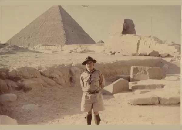 Scout leader in front of pyramid, Egypt