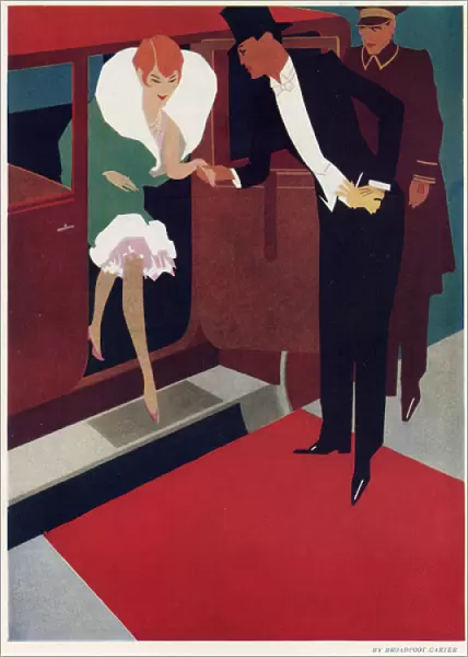 Stepping on a red carpet, 1920s couple in evening dress