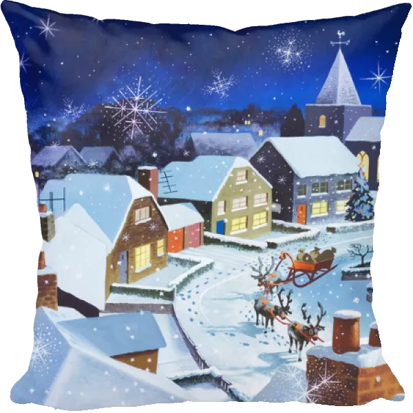 Starry village with snow and Christmas sleigh