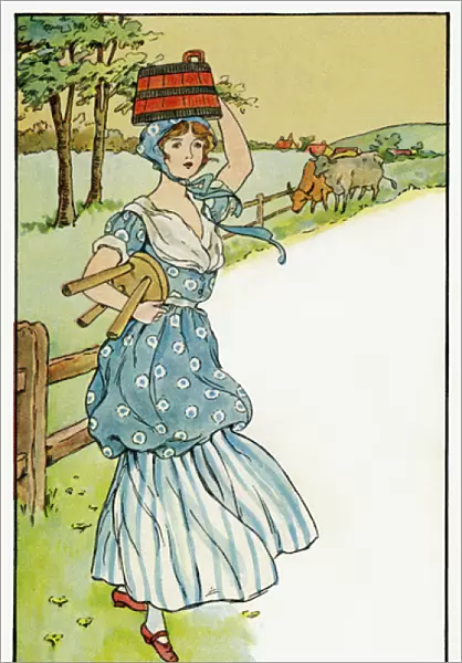 Milkmaid in a long blue dress carrying a stool and a bucket of milk on her head