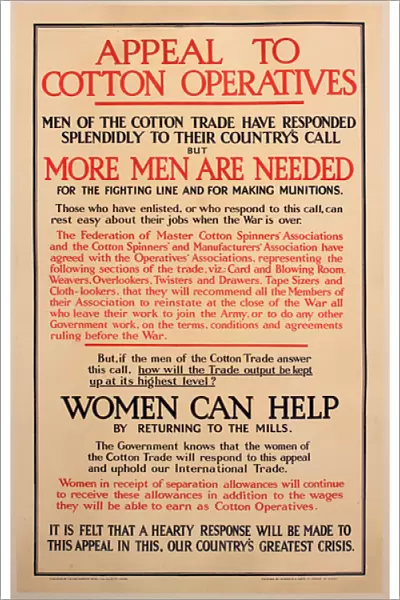 WWI Poster, Appeal to cotton operatives