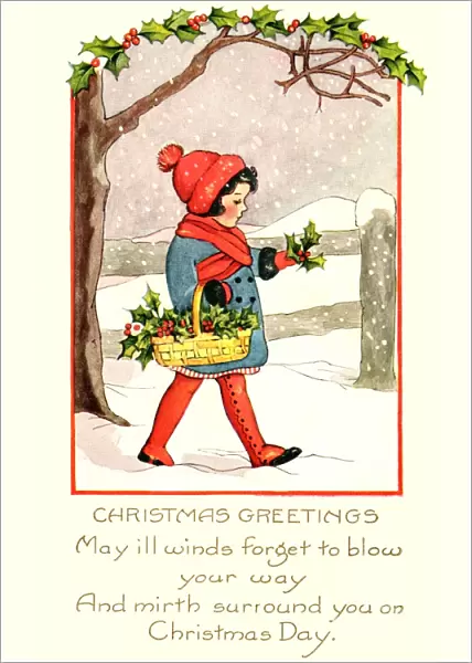 Girl walking in the snow with a basket of holly