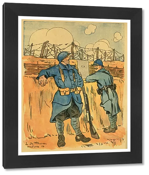 Cartoon, Two French soldiers in a trench, WW1