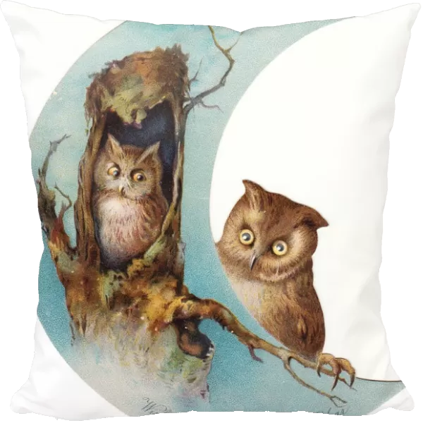 Two owls on crescent-shaped New Year card
