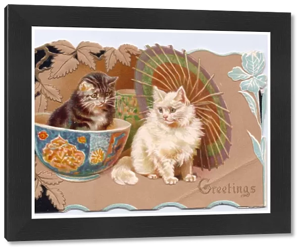 Two kittens with parasol on a greetings card