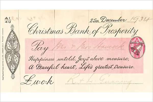 Cheque from the Christmas Bank of Prosperity
