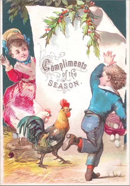 Little girl and boy with hens on a Christmas card