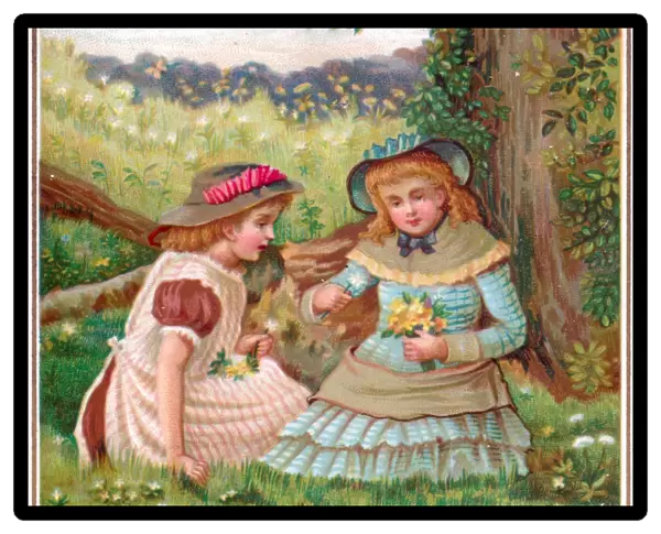 Two girls with flowers on a greetings card
