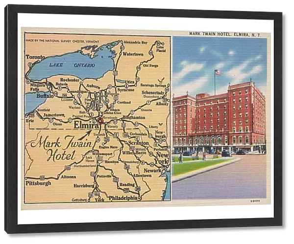 Mark Twain Hotel and map, Elmira, New York State, USA