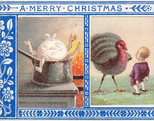 Turkey and pudding on a Christmas card