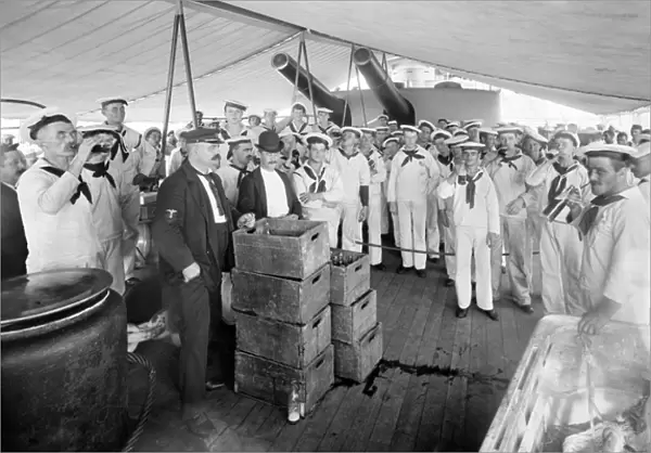 American Navy sailors queuing for beer on the USS Massachuse