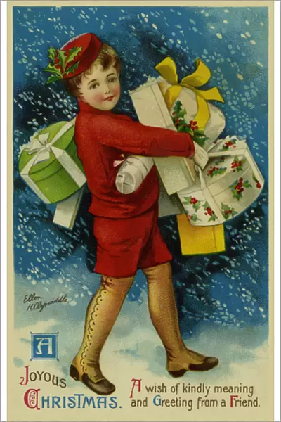 Young boy laden with gifts