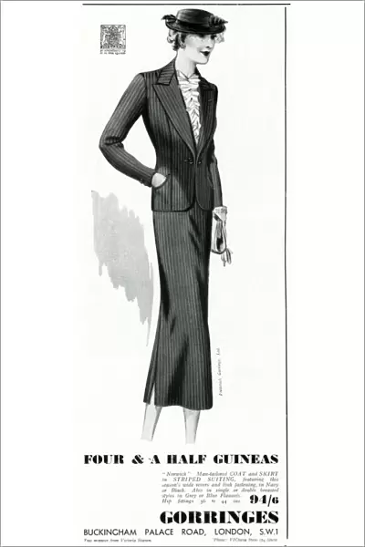 Advert for Gorringes womens taiored striped suit 1937