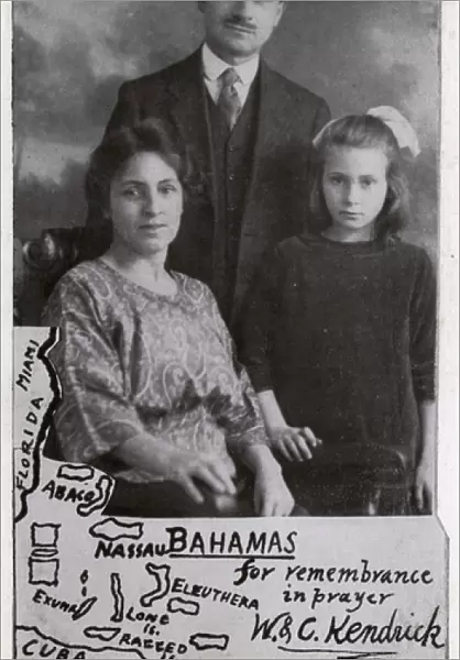 Missionary family with map of Bahamas, West Indies