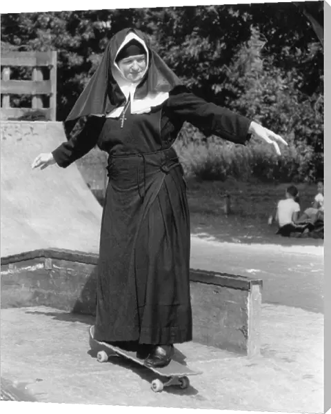 Nun on a skateboard