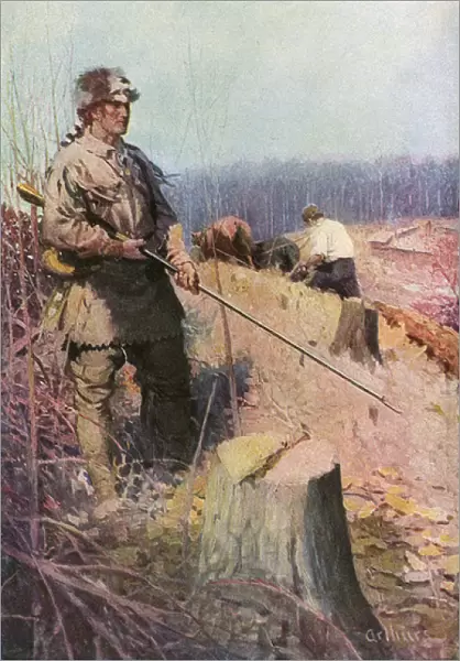 Pioneer settlers ploughing under guard