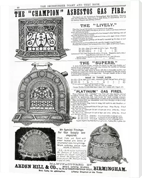 Advert for Arden Hills & Co gas fires 1884