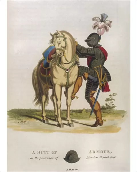 A knight in armour mounts his horse
