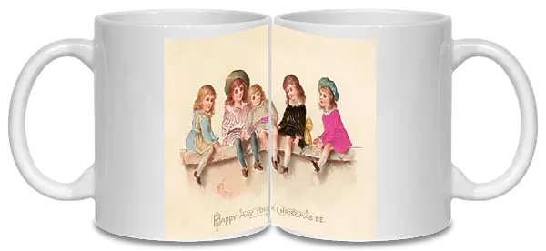 Five girls on a wall on a fabric Christmas card