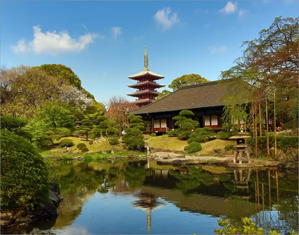 Pagoda and Japanese ornamental garden, Asakusa, Tokyo, Japan