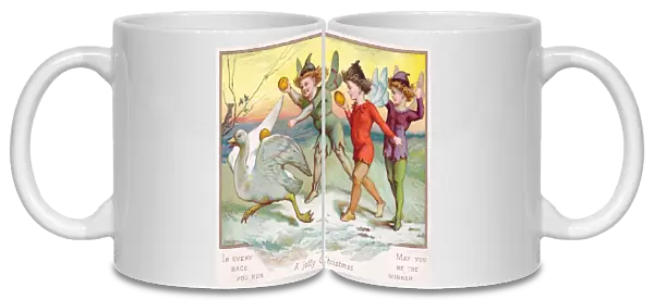 Fairies chasing a goose on a Christmas card