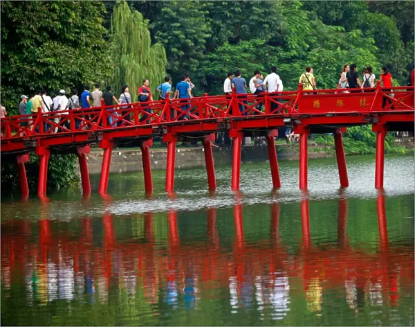 Cau The Huc Bridge in Hoan Kiem Lake in Hanoi, Vietnam