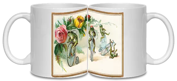Four frogs on bicycles with flowers on a greetings card