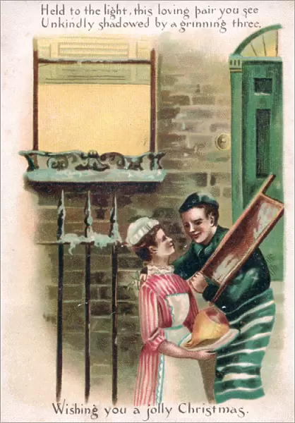 Butchers boy and housemaid on a comic Christmas card