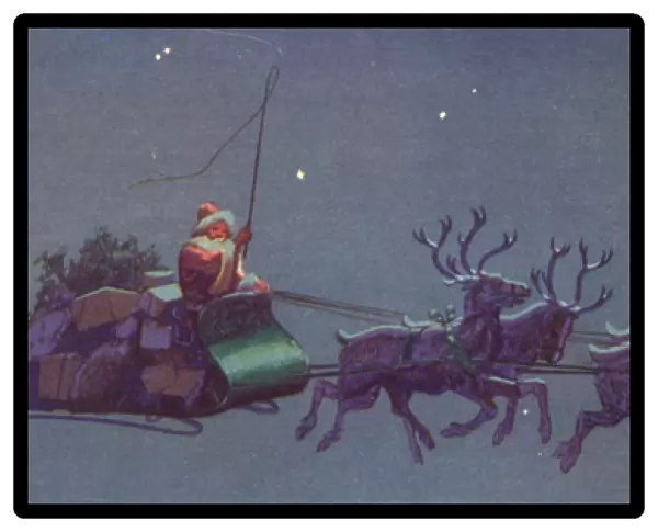Christmas card, Santa on his sleigh