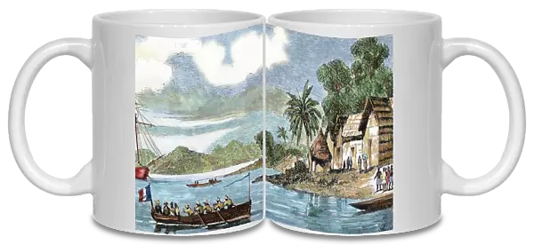 Colonialism. First African expeditions. French ship heading