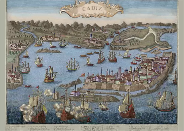Spain. Cadiz. City and port. Engraving. 17th century. Colore