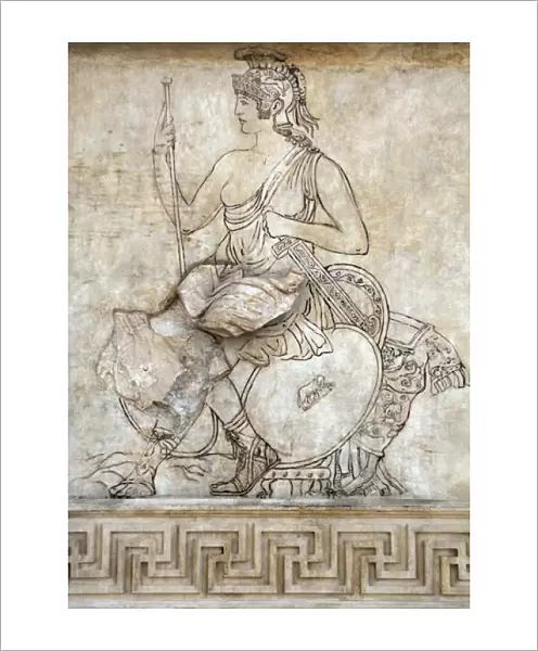 Ara Pacis Augustae. Goddess Roma, sitting on a pile of troph
