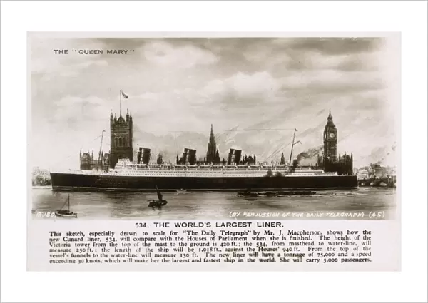 The Liner Queen Mary shown alongside Palace of Westminster